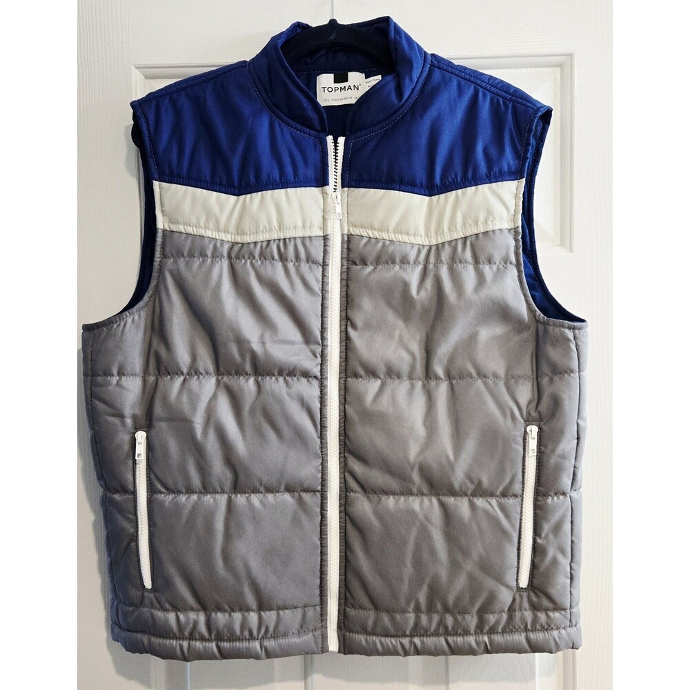 TOPMAN Mens Colorblock Puffer Vest Large Blue Gray Puffy Gorpcore Retro Y2K 80s